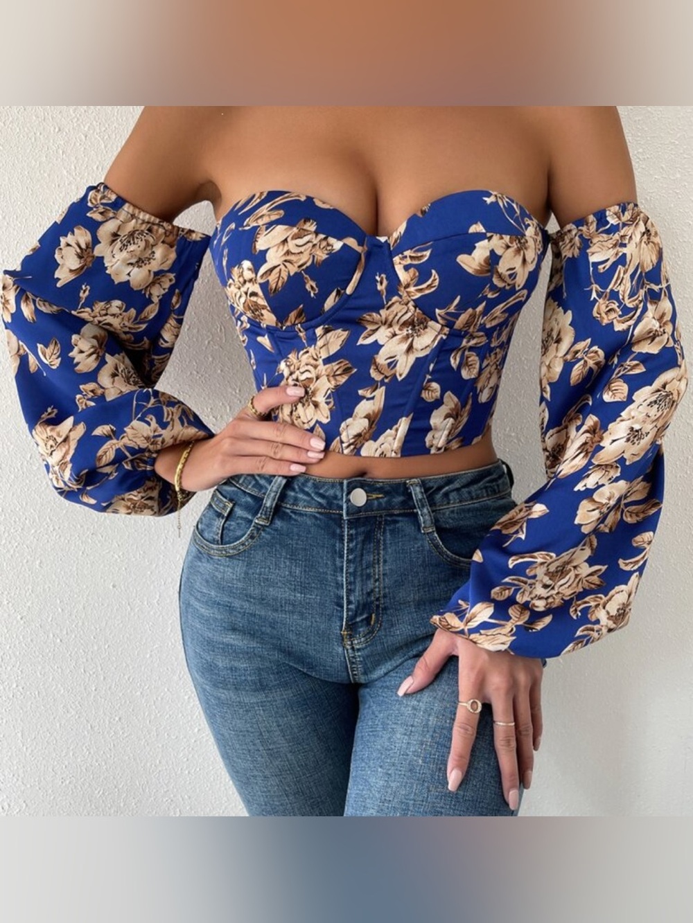 NWOT Blue Floral Off-Shoulder Bustier Crop Top
